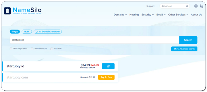 NameSilo .io domains